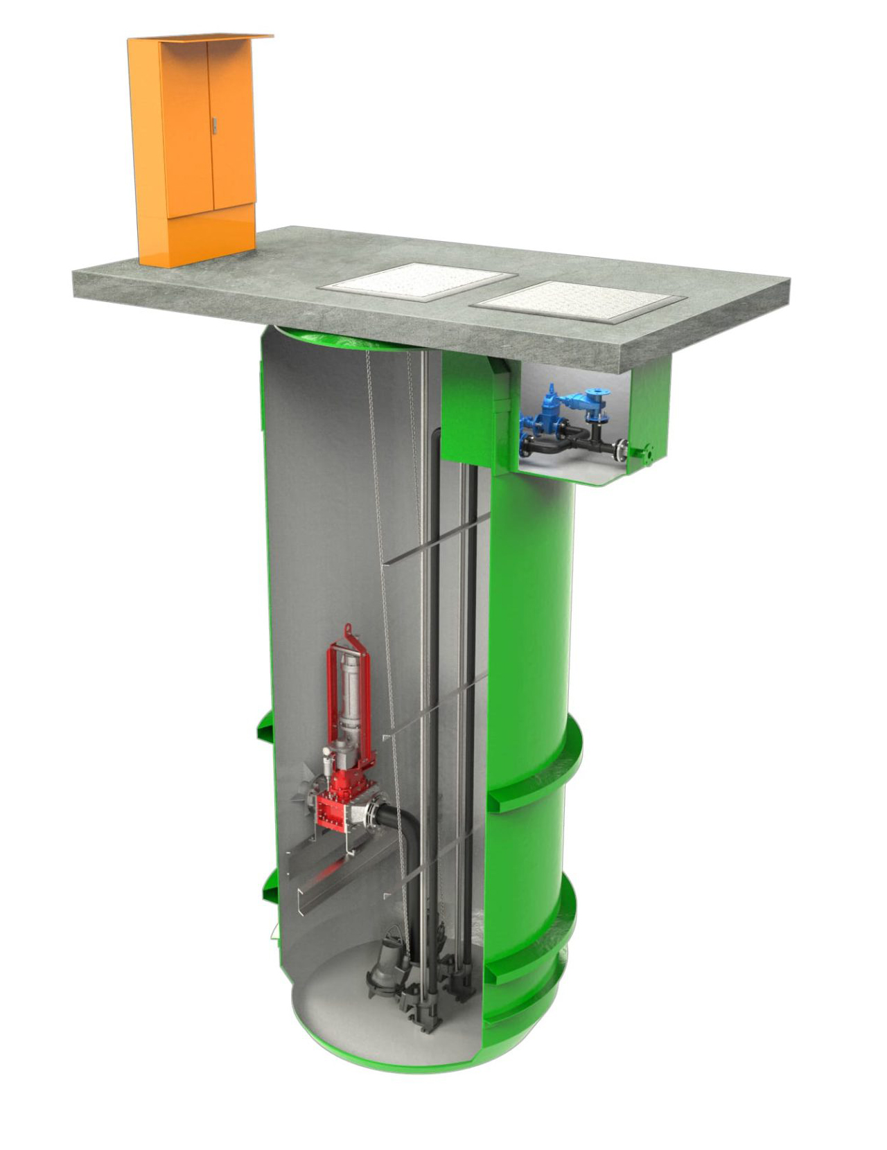 Sleek vertical render of a sewer pump station model