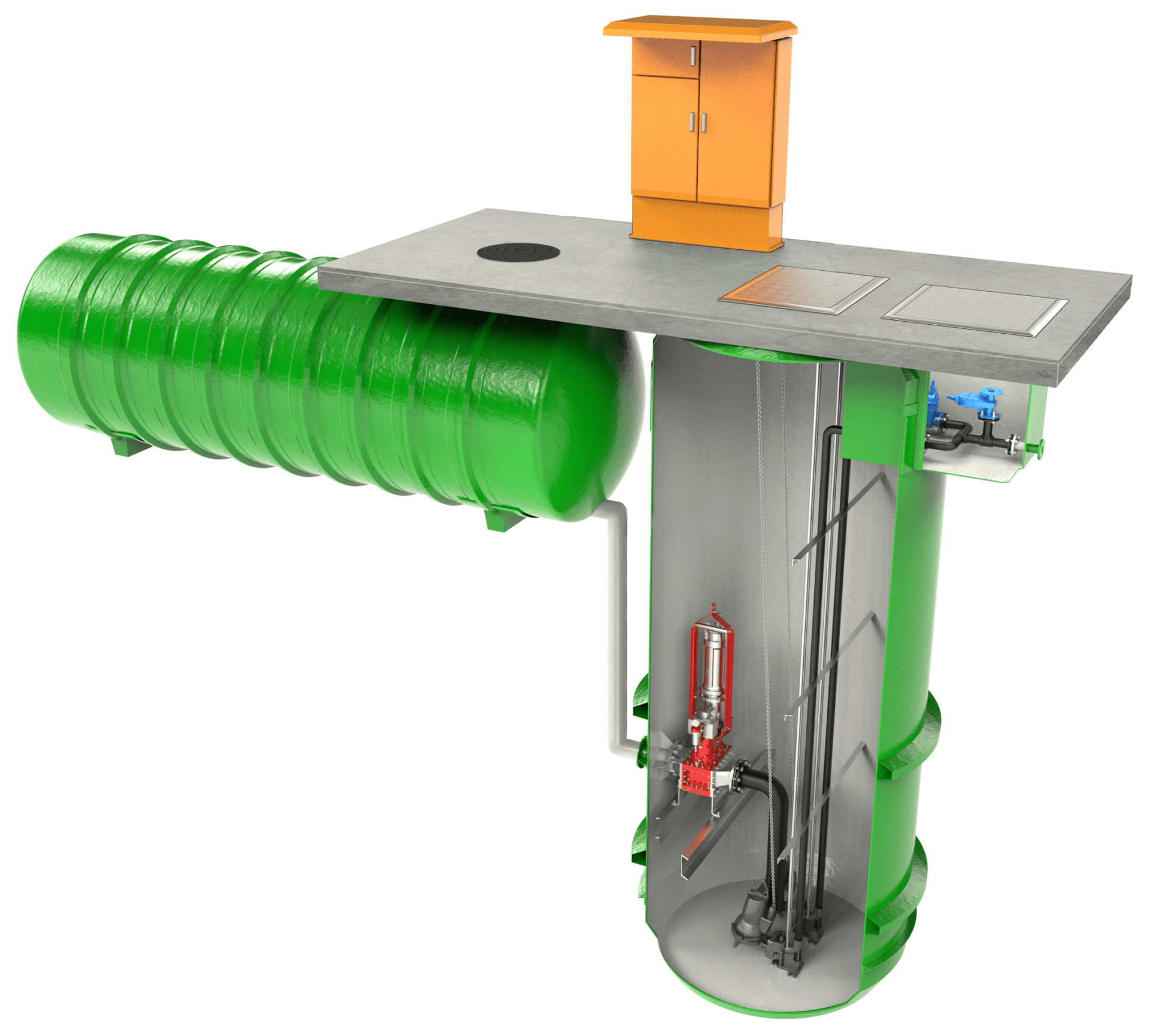 Vertical and horizontal FRP sewer pump stations with adjusted pipework