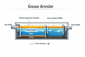 where each key component typically sits within a grease arrestor and how wastewater moves through the unit from inlet to outlet.